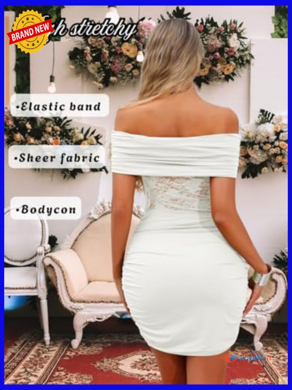 Off Shoulder Ruched Mini Dress, Stretch Lace Bodycon for Night Out - Picture 5 of 7
